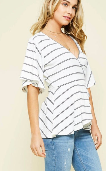 White & Black Faux Wrap Top