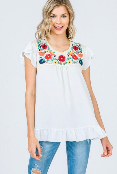 Floral Embroidered Ruffle Top