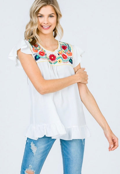 Floral Embroidered Ruffle Top