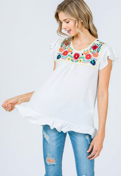 Floral Embroidered Ruffle Top